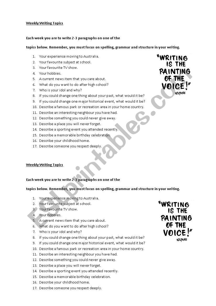 Weekly Writing Topics worksheet