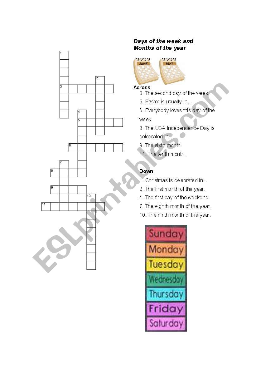 Days of the week and Months of the year Crossword