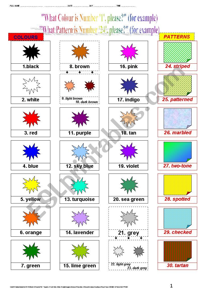 COLOURS 001 & Patterns worksheet