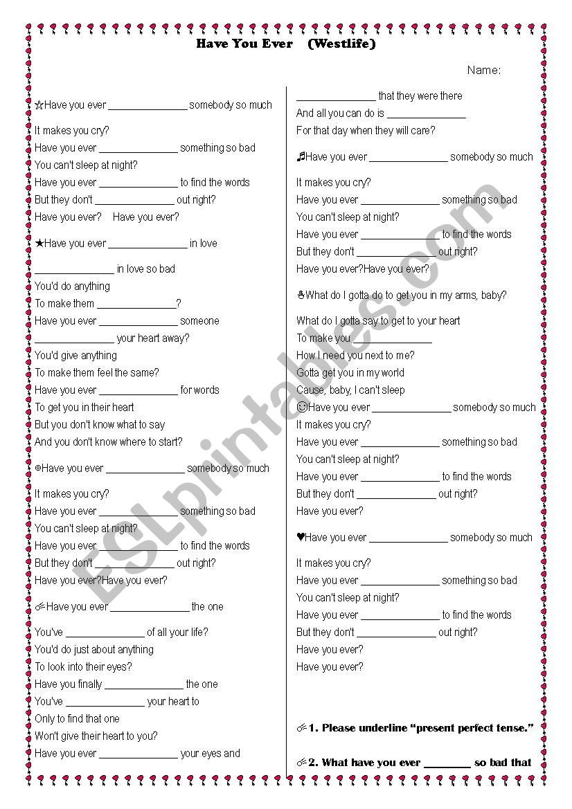 Present perfect tense Song  worksheet