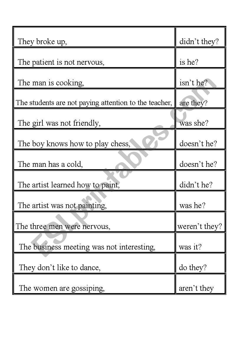 English worksheets tag questions game