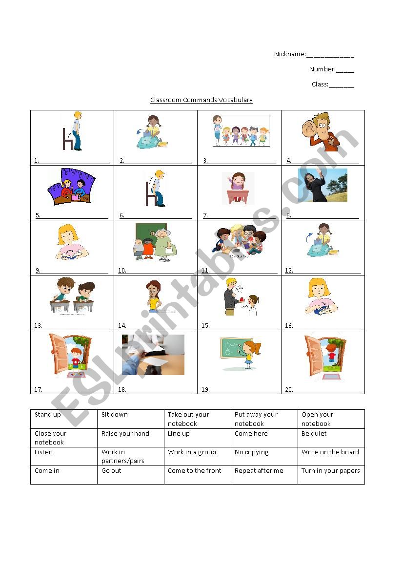 Classroom Commands worksheet