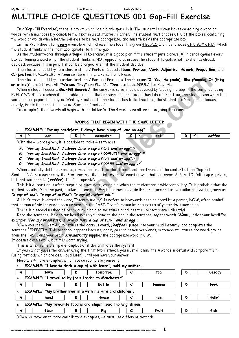 MULTIPLE CHOICE QUESTIONS 001 Gap-Fill