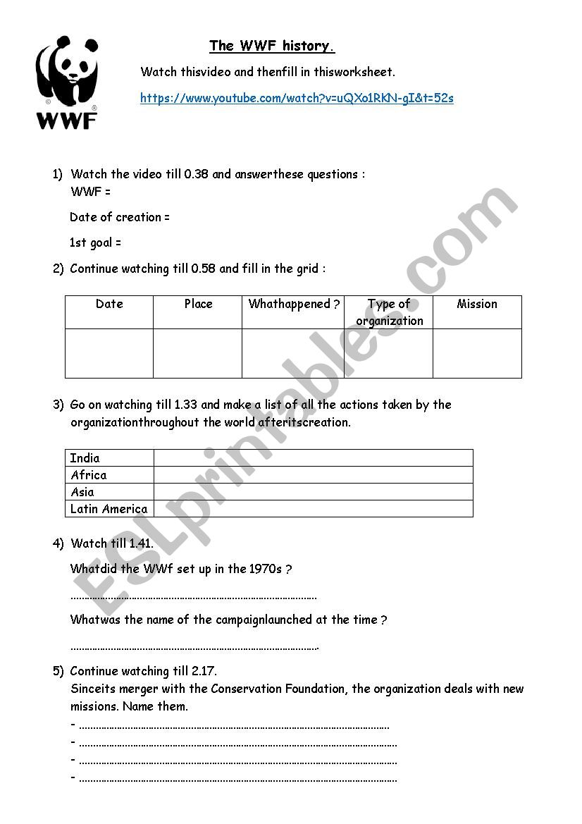 The WWF history worksheet