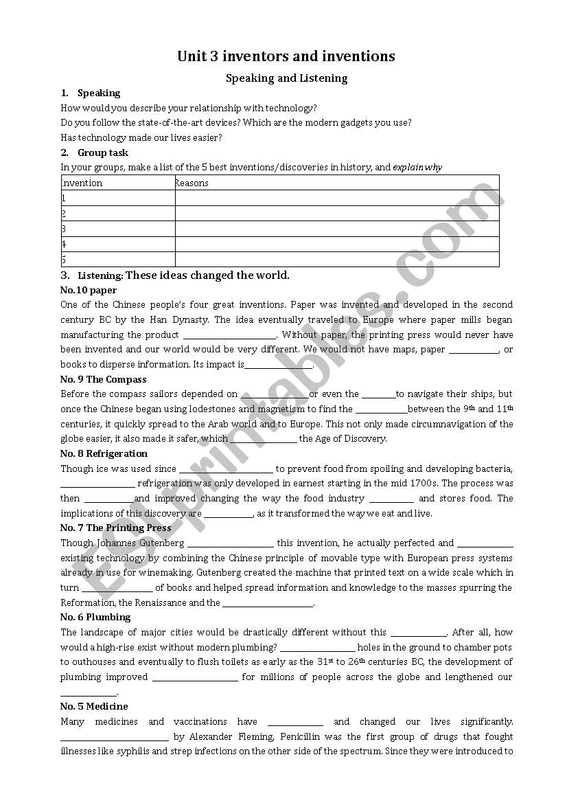 inventors and inventions worksheet