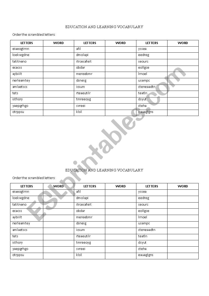 Education and Learning Vocabulary - Unscramble the words