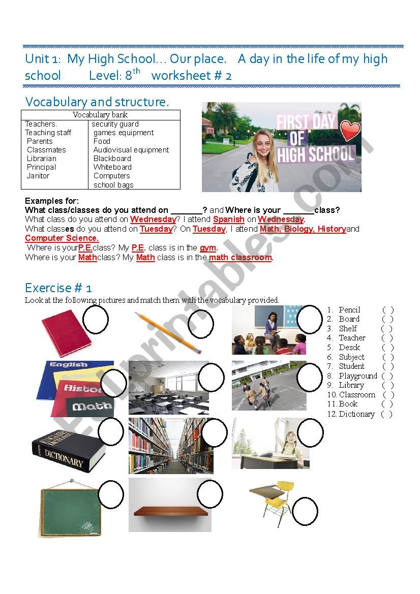 My High Schoolâ€¦Our place worksheet