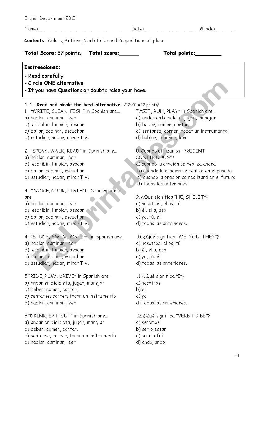 Actions, verb to be and prepositions of place