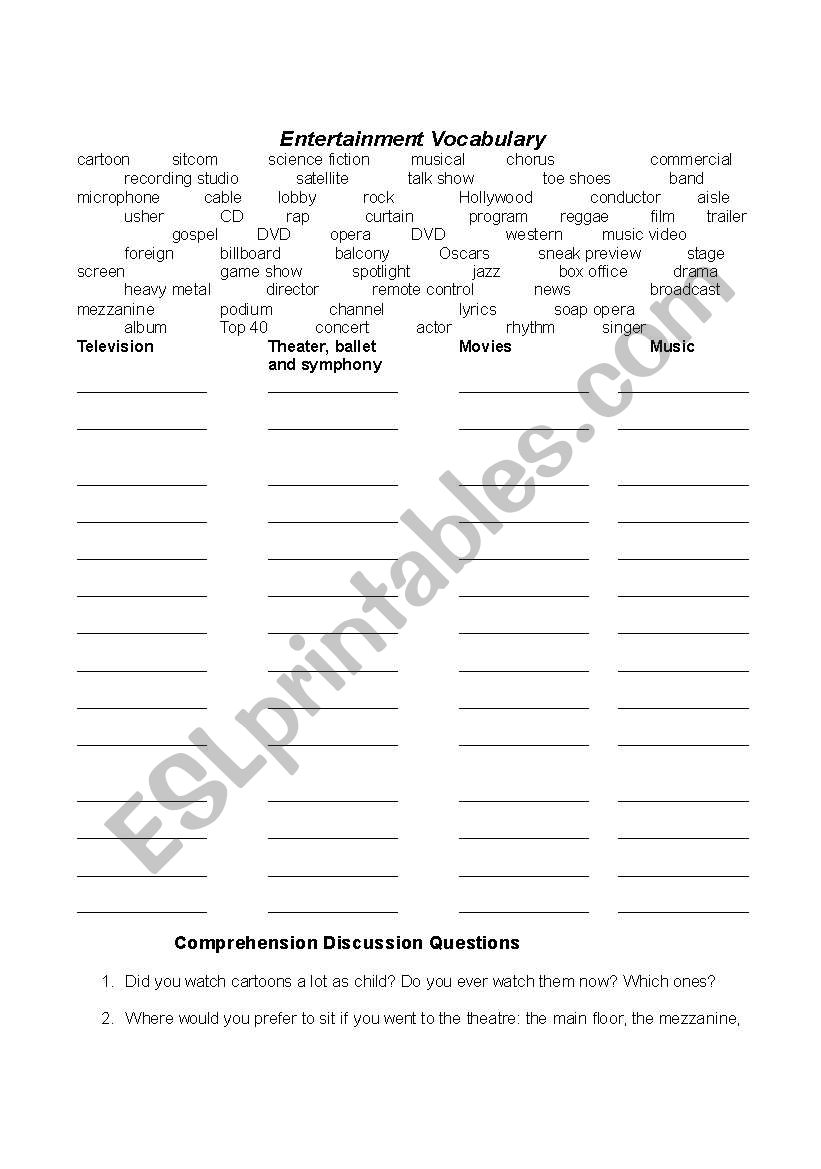 Entertainment vocabulary worksheet