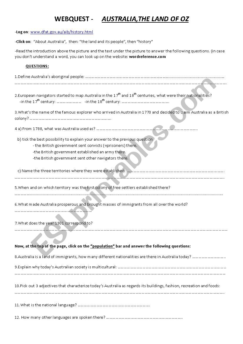 WEBQUEST ABOUT AUSTRALIA worksheet