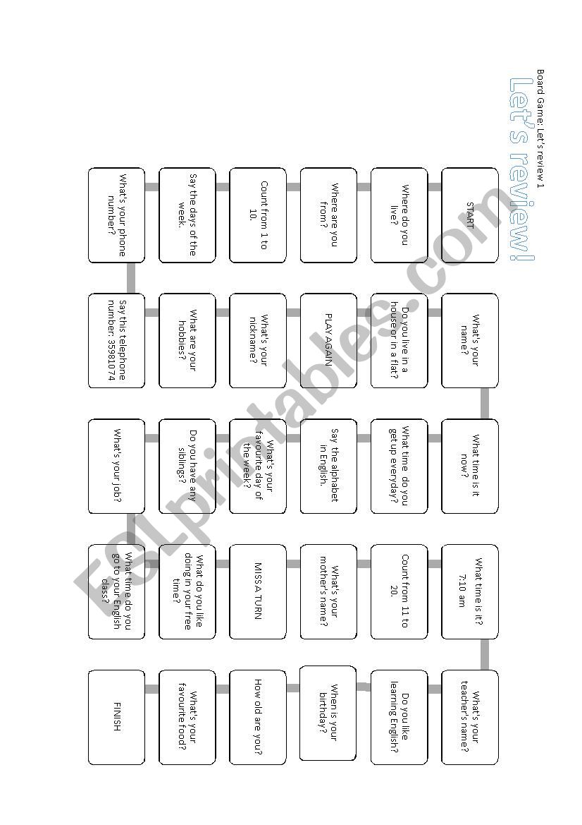 Board Game - Review - A1 worksheet