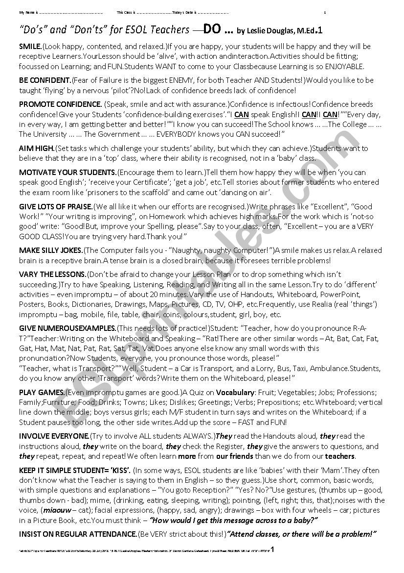 TIPS FOR TEACHERS 001 DoÂ´s and DonÂ´ts