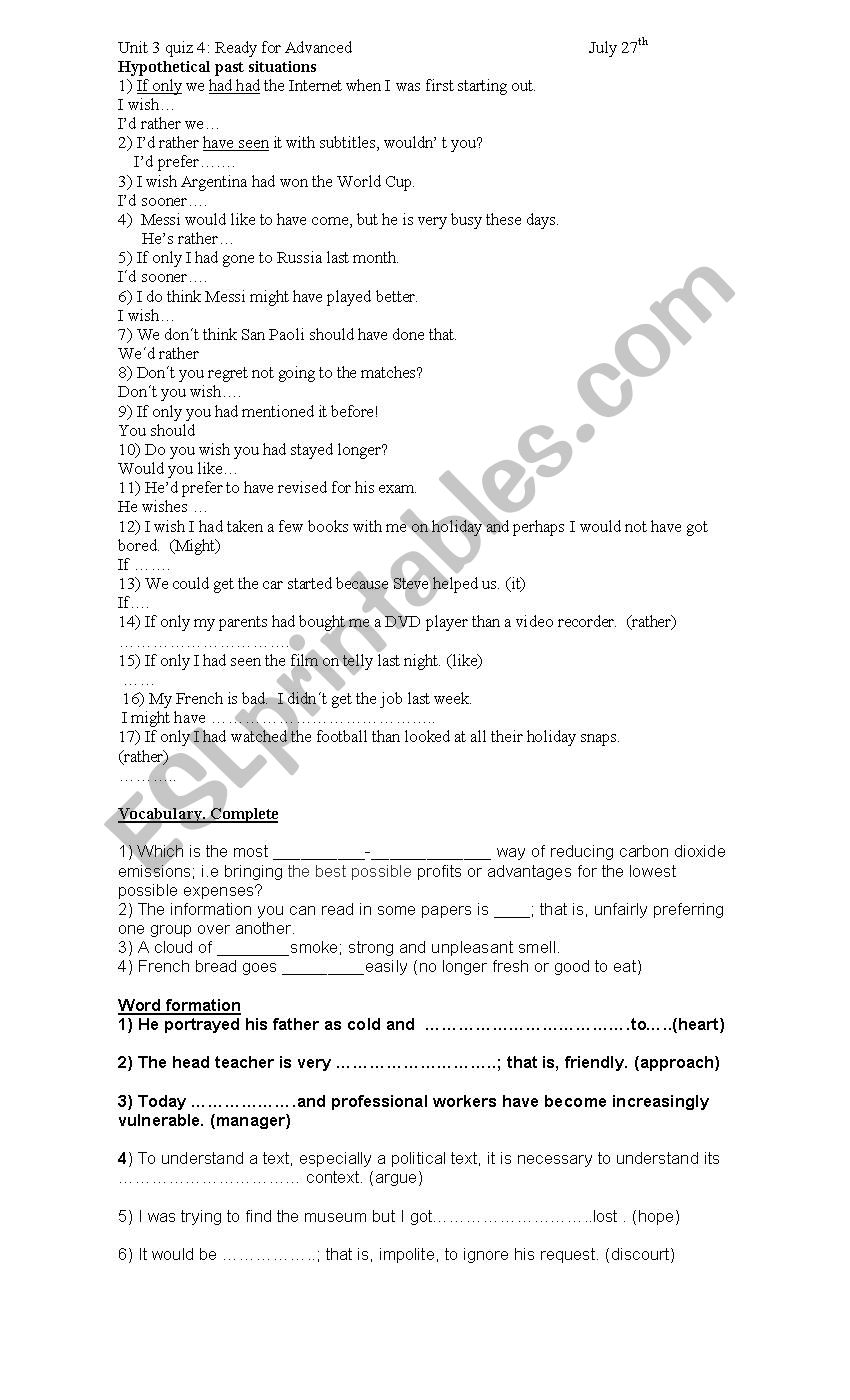 Hypothetical sentences CAE worksheet