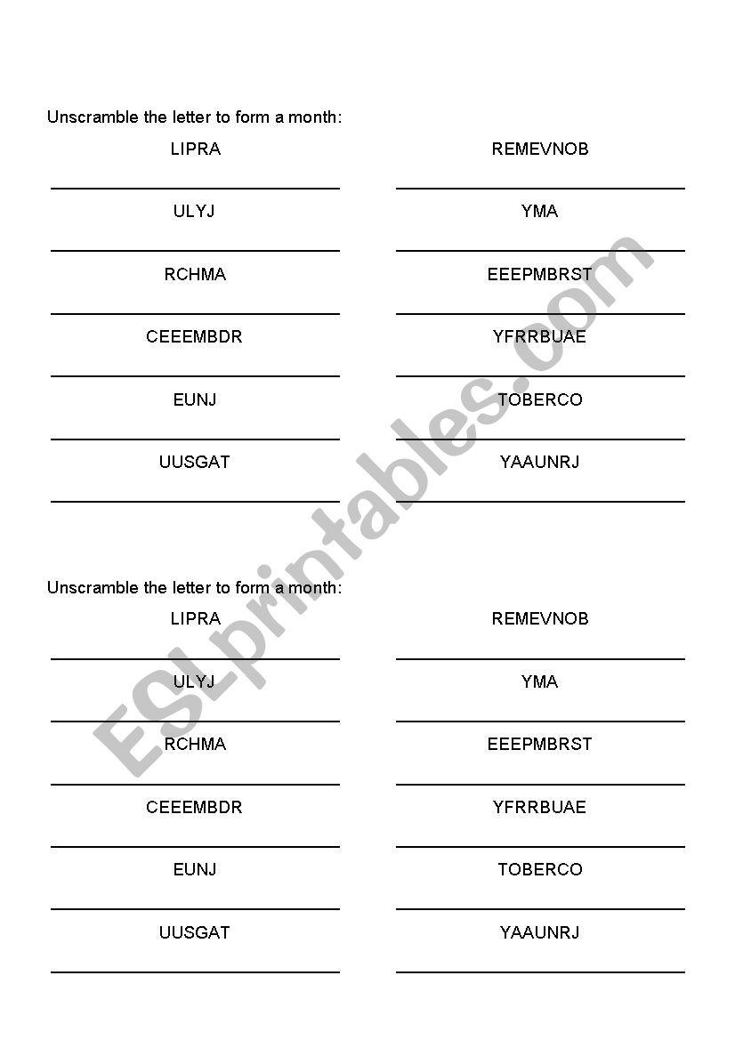 Unscramble Months worksheet