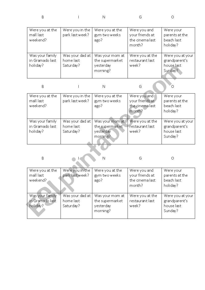 Simple Past to be Bingo worksheet