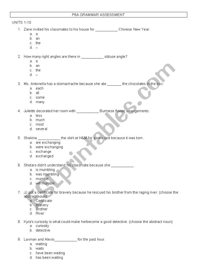 Grammar Assessment worksheet