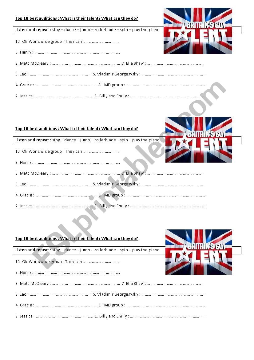 Britains got talent - Video worksheet