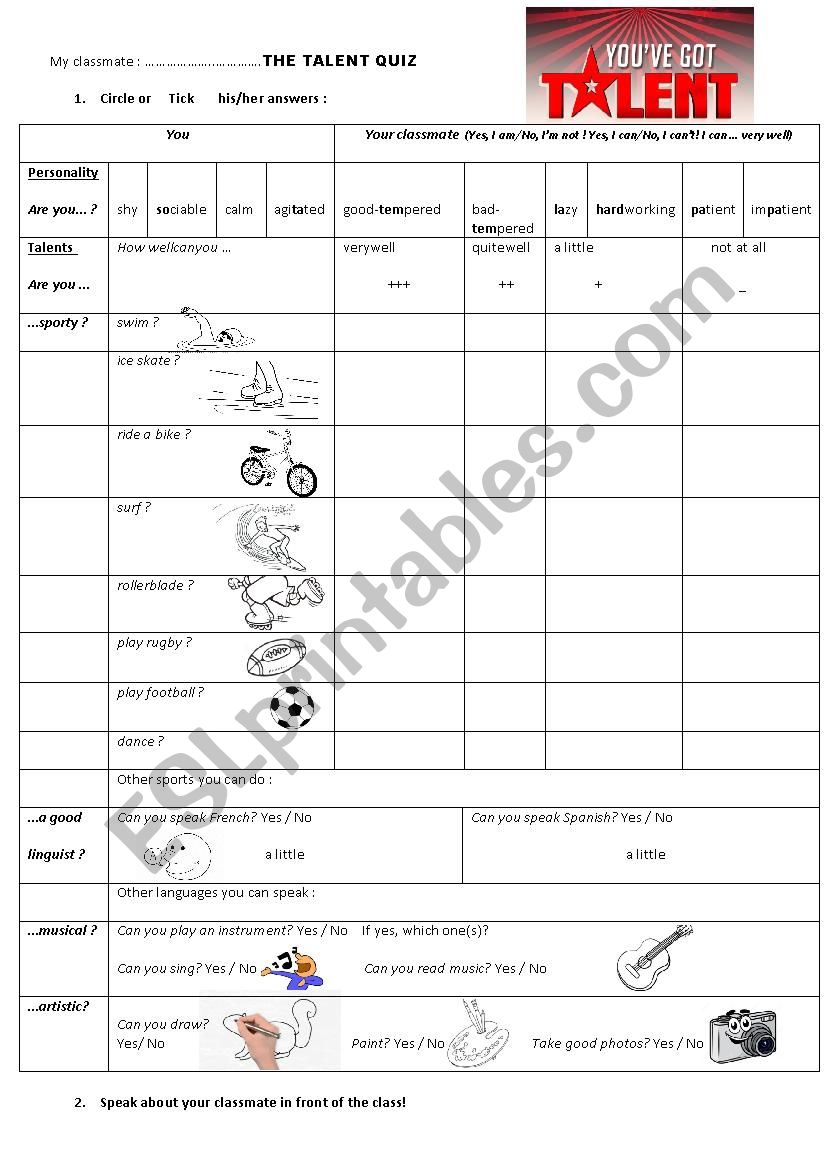 Talent quiz - Pairwork worksheet