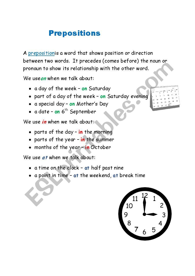 Prepositions In At On worksheet