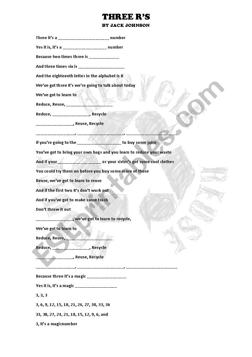 The three Rs song activity worksheet