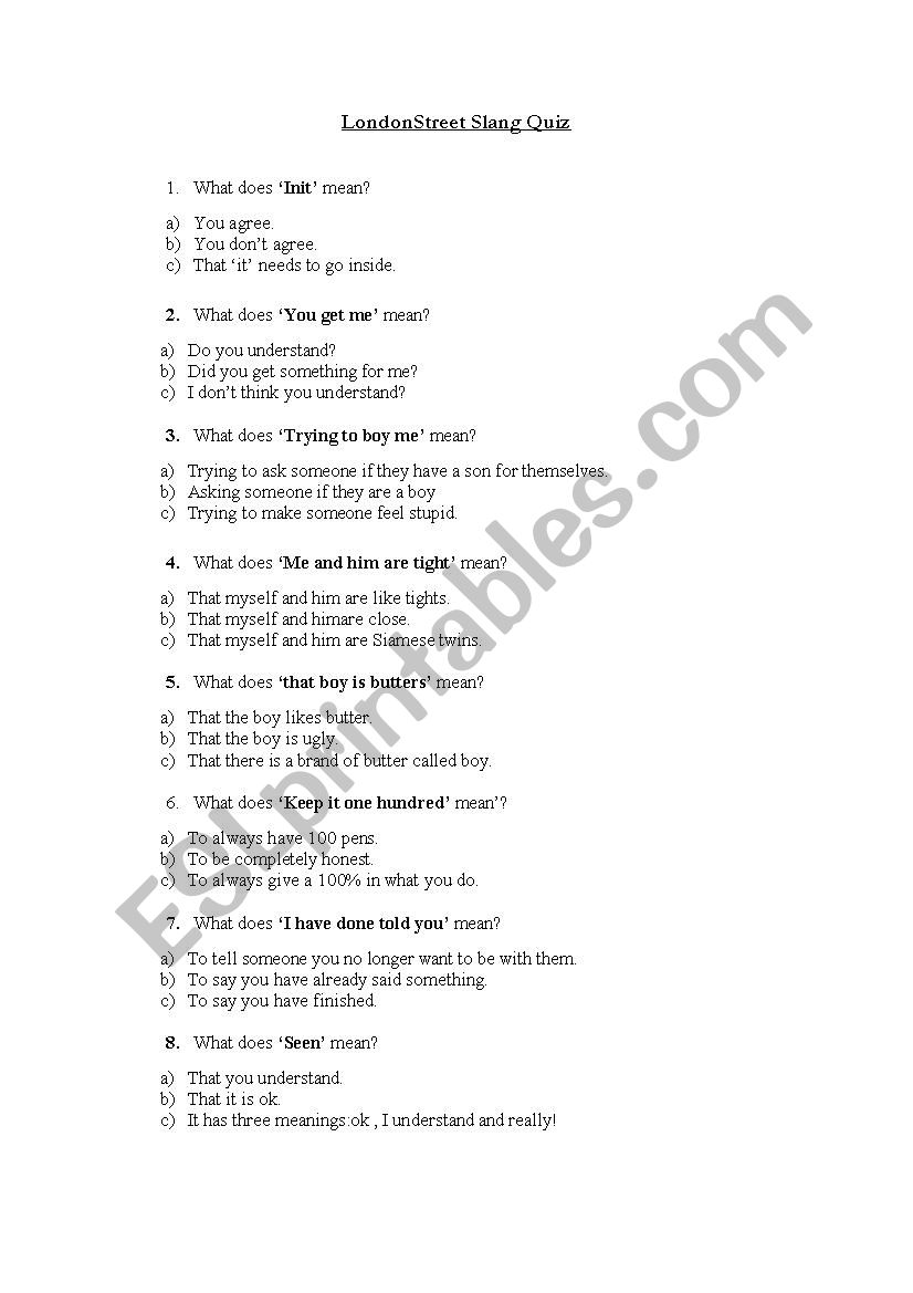 London Slang Quiz worksheet