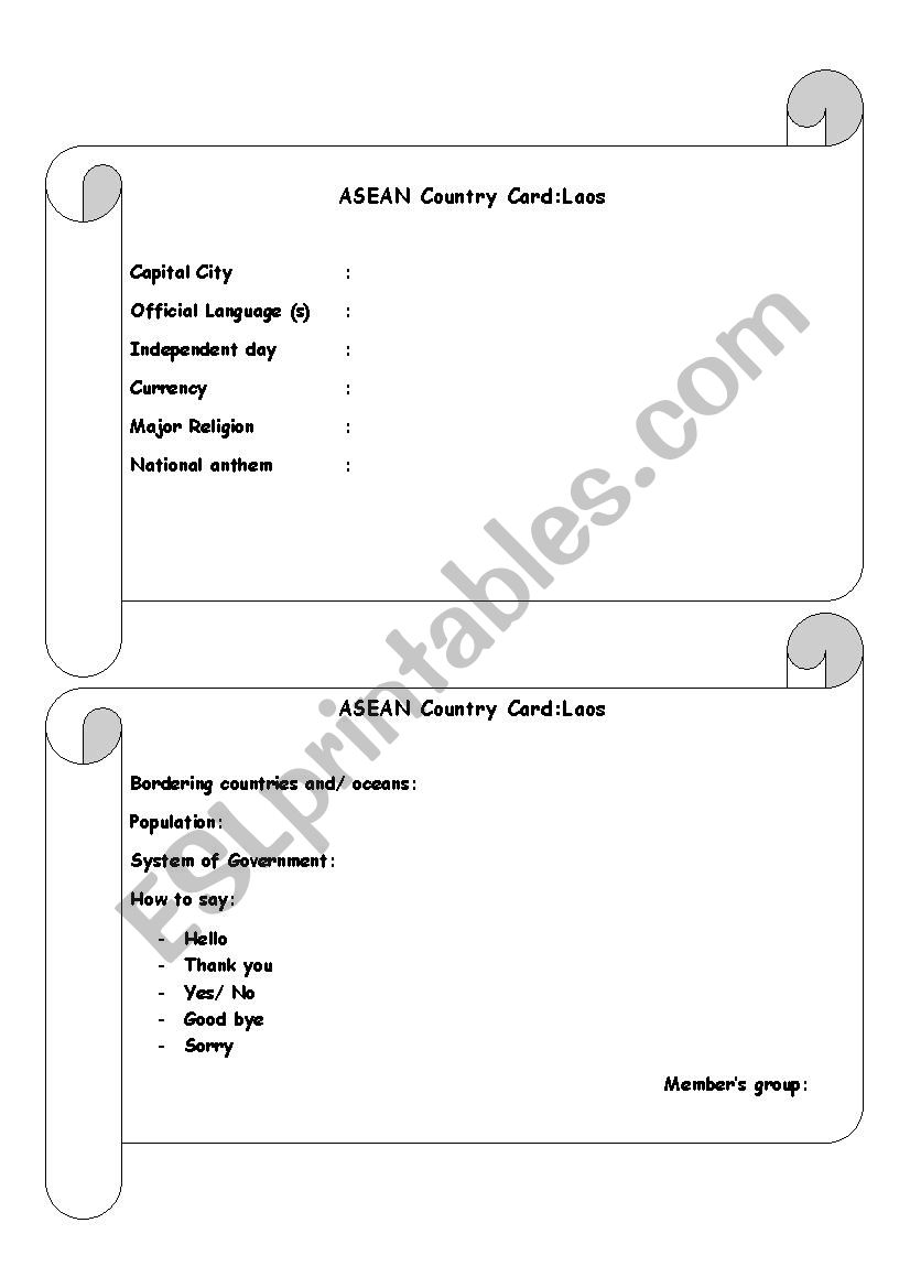 ASEAN Country card Laos worksheet