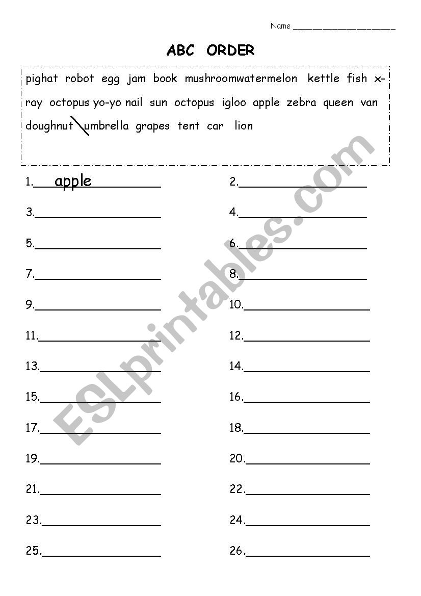 ABC Order worksheet