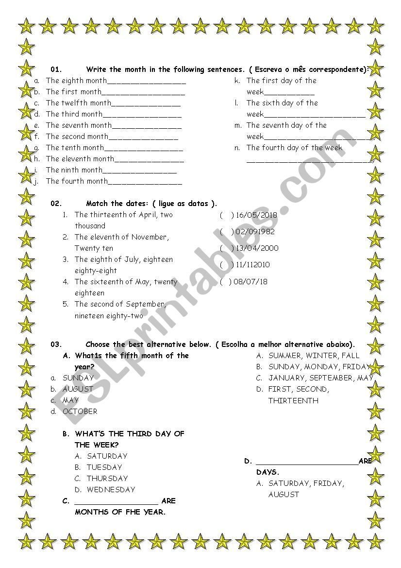 TEST MONTHS, DAYS, SEASONS AND ORDINAL NUMBERS