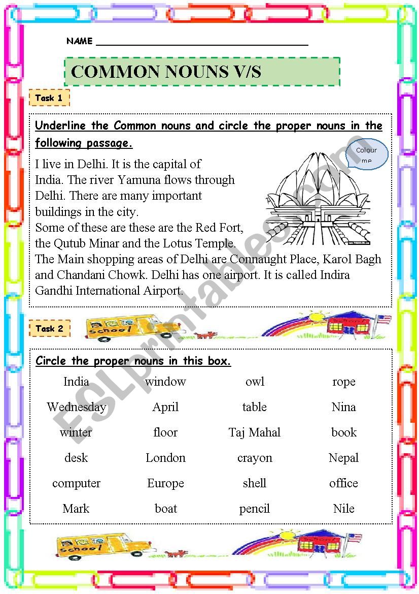 Common Noun and Proper Noun worksheet
