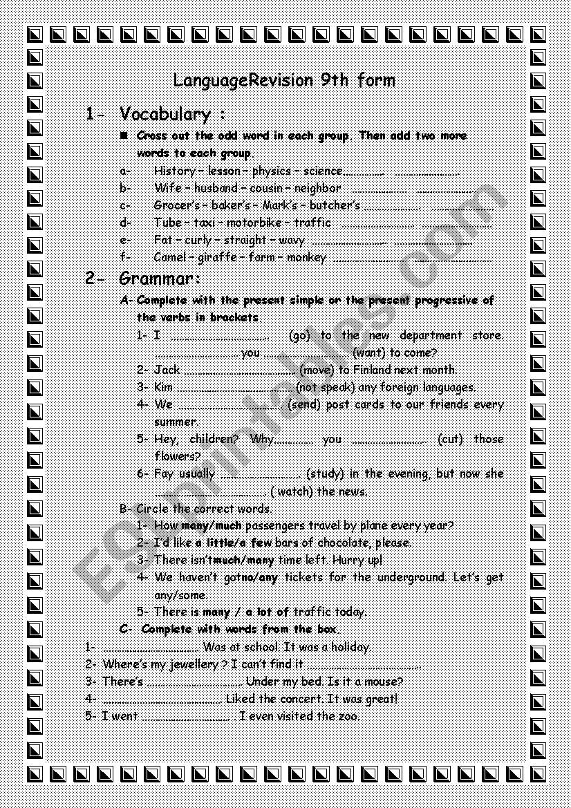 Language Revision 9th Form worksheet