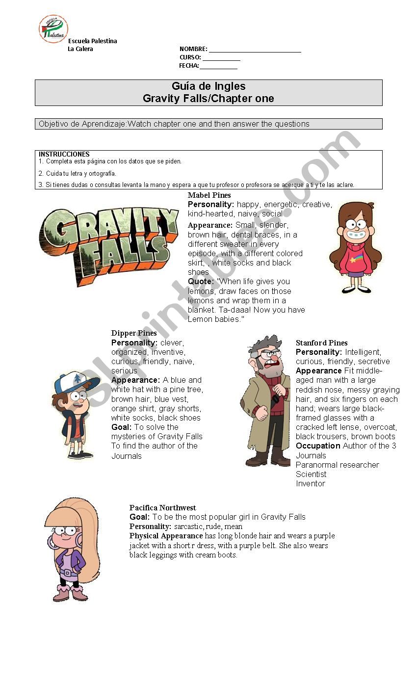 gravity falls  Chapter one worksheet