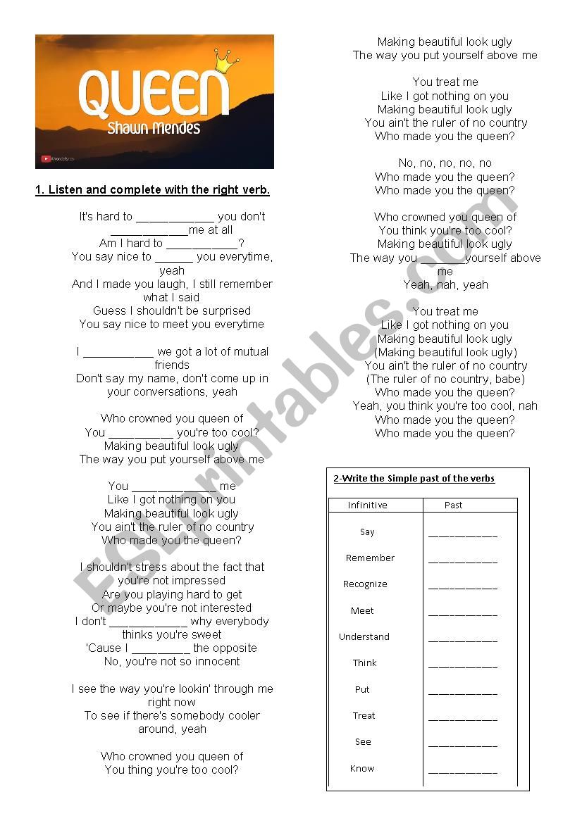 Queen -Shawn Mendes worksheet