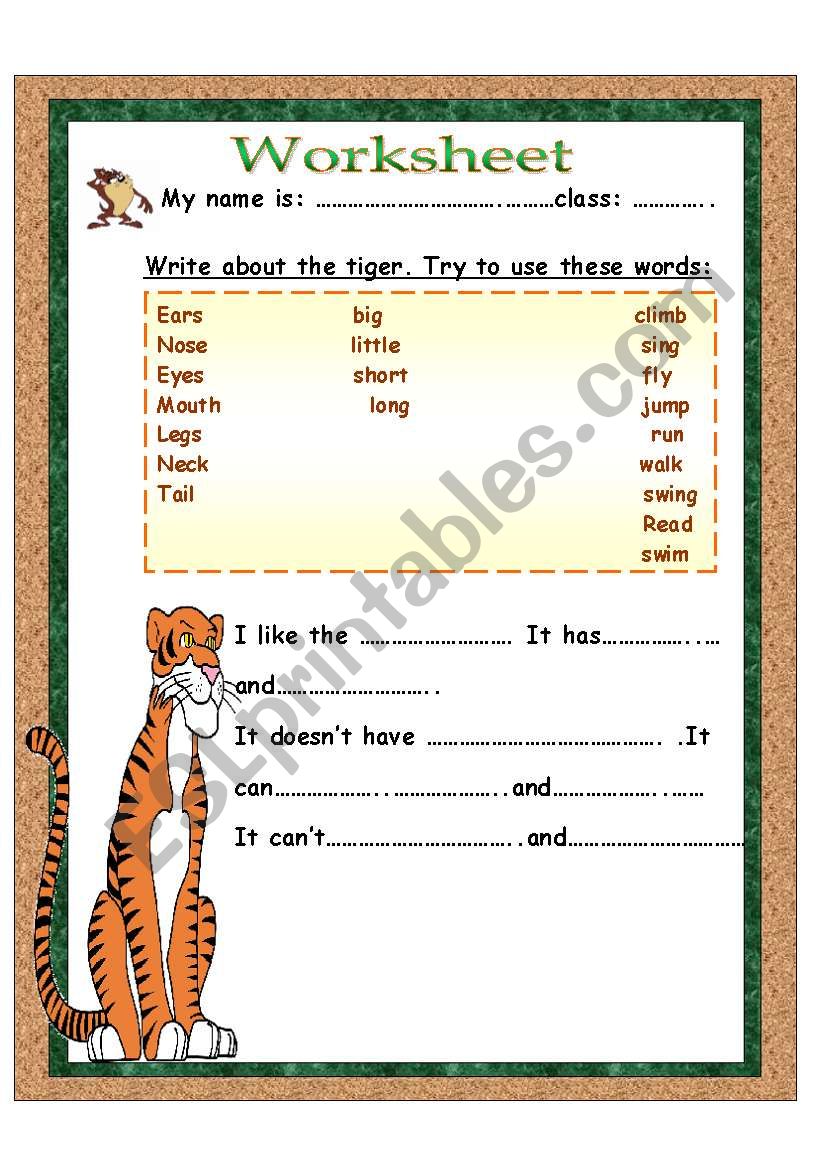 write about the tiger worksheet