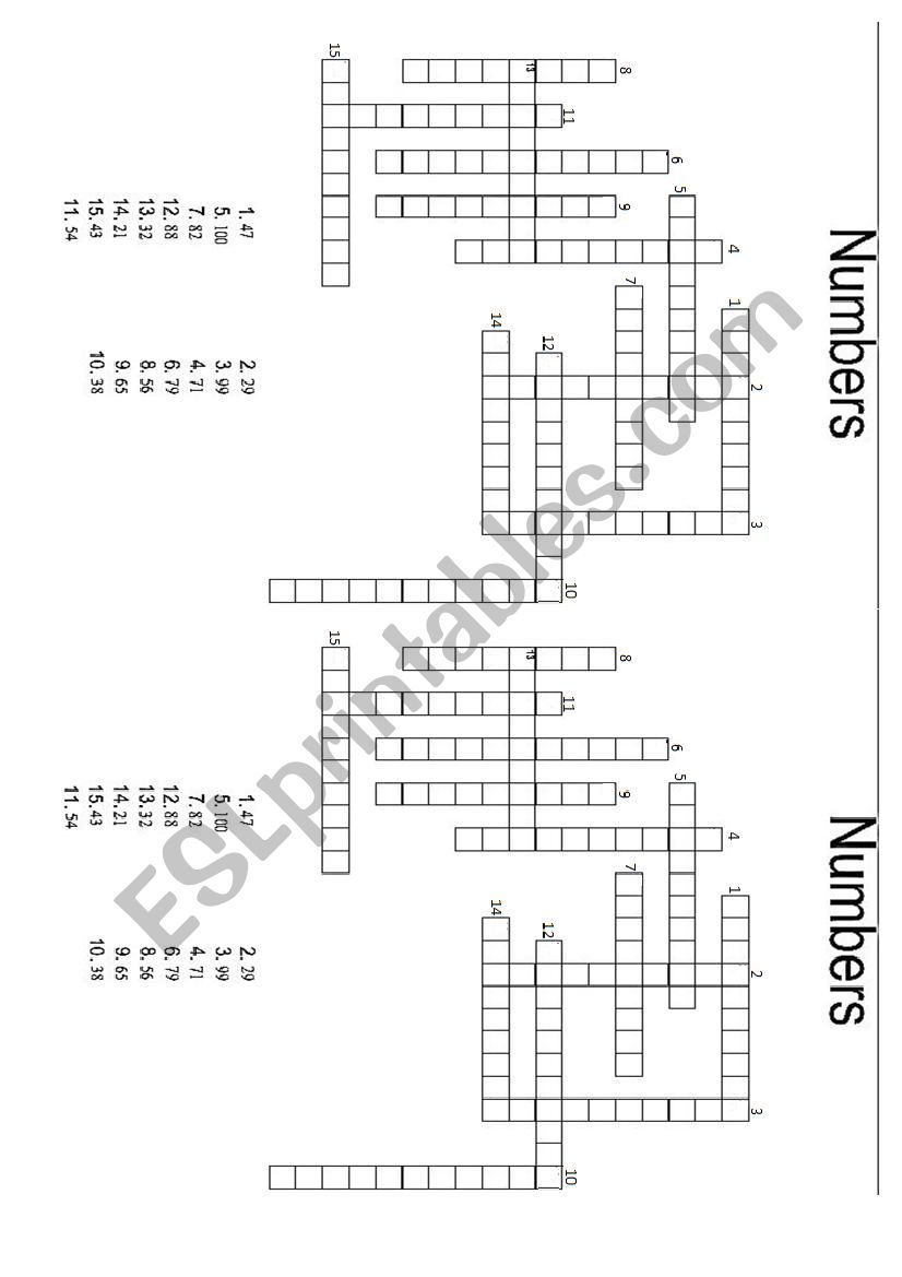 A Numbers Crossword  worksheet