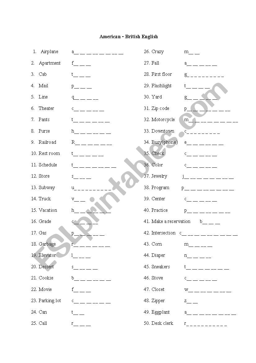 American and British English worksheet