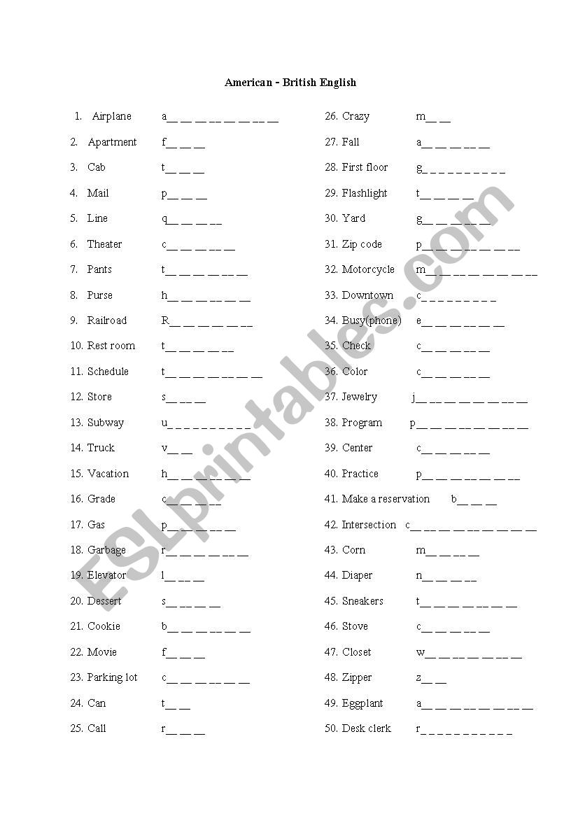 American and British English worksheet