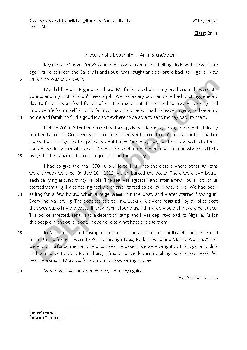 A MigrantÂ´s story worksheet