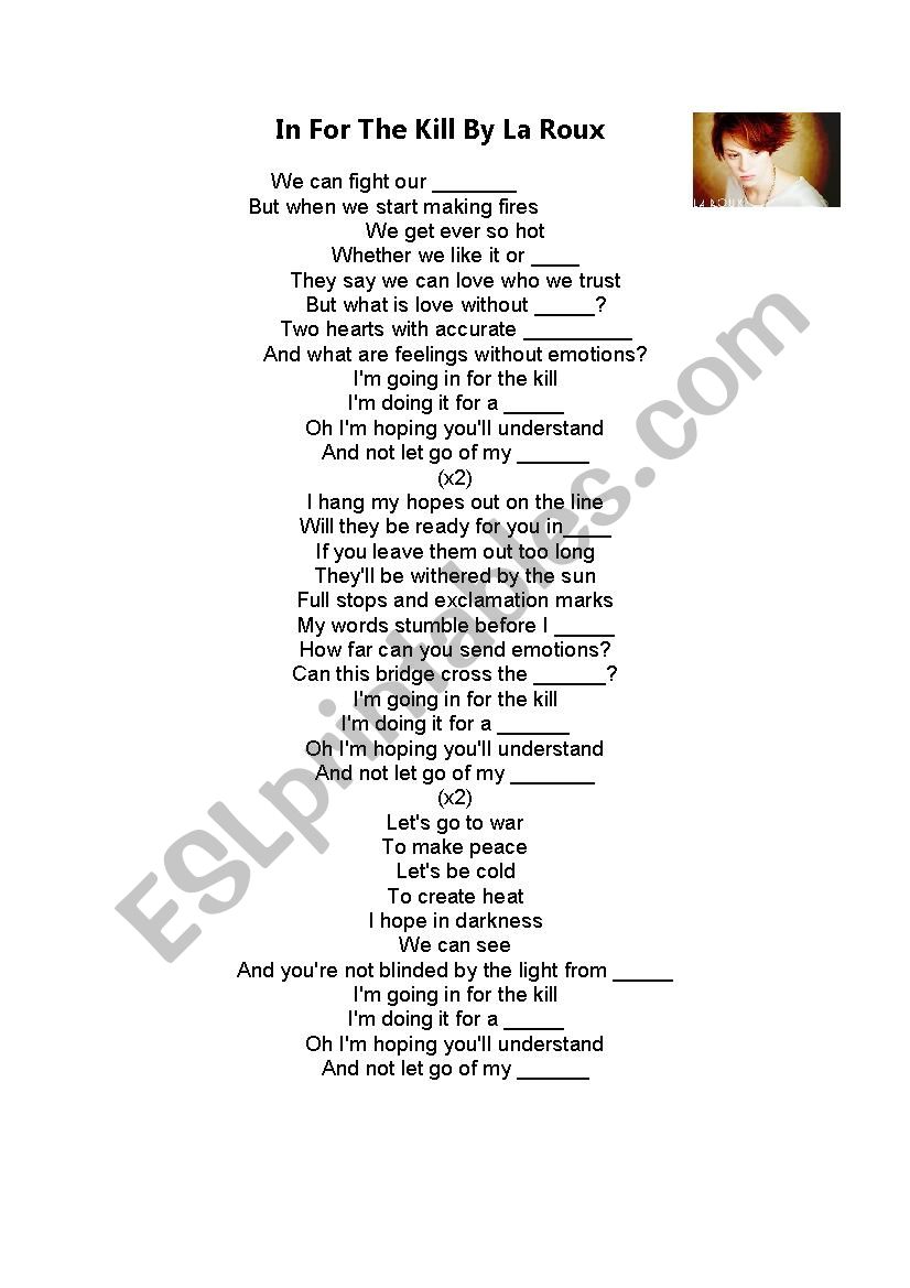 In For The Kill By La Roux worksheet