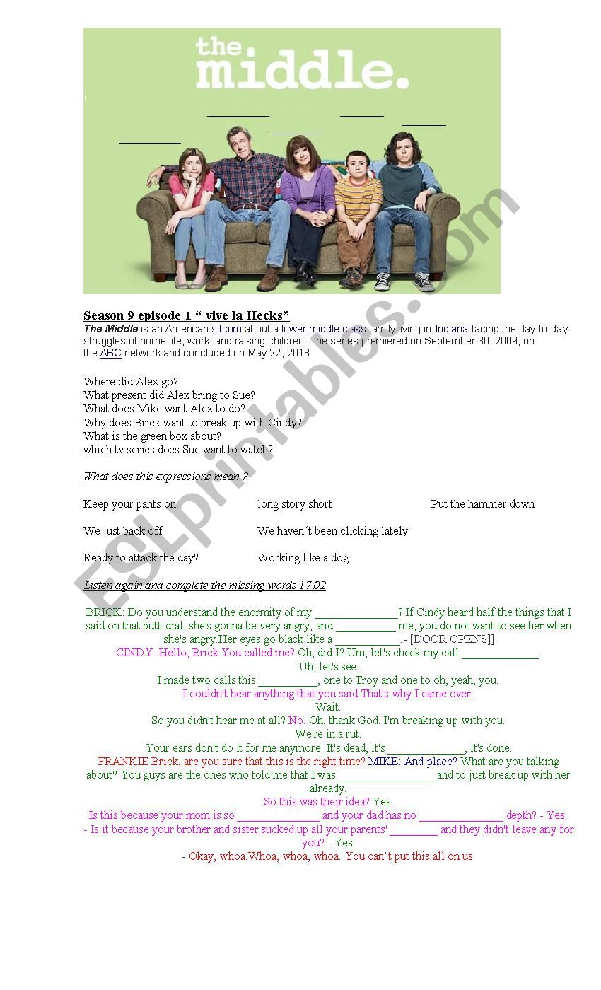 video the middle 9x01 worksheet