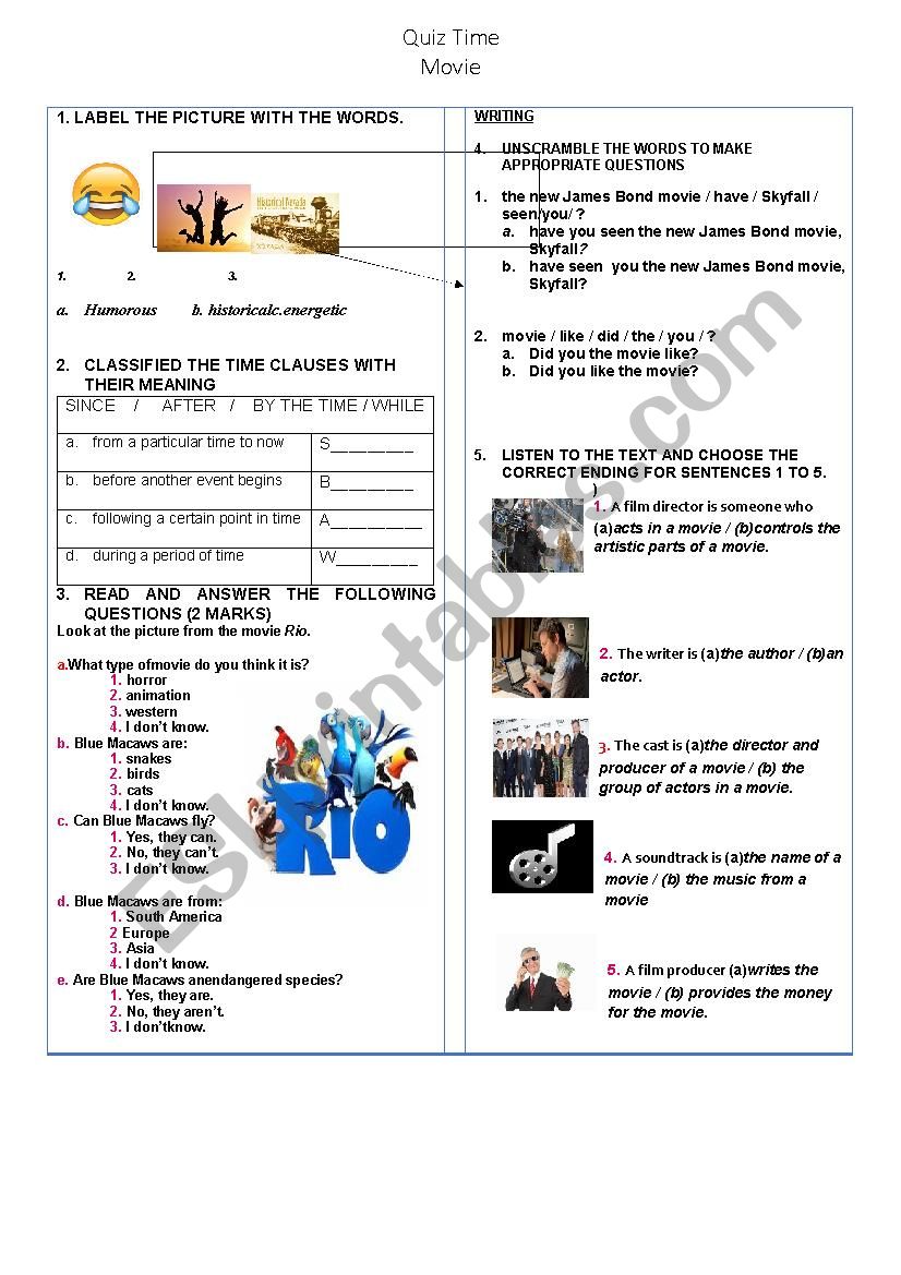Quiz Time about movies worksheet