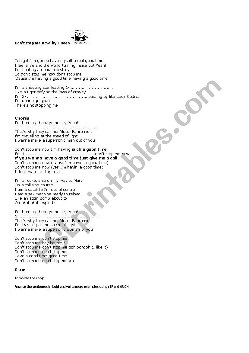 DonÂ´t stop me now worksheet