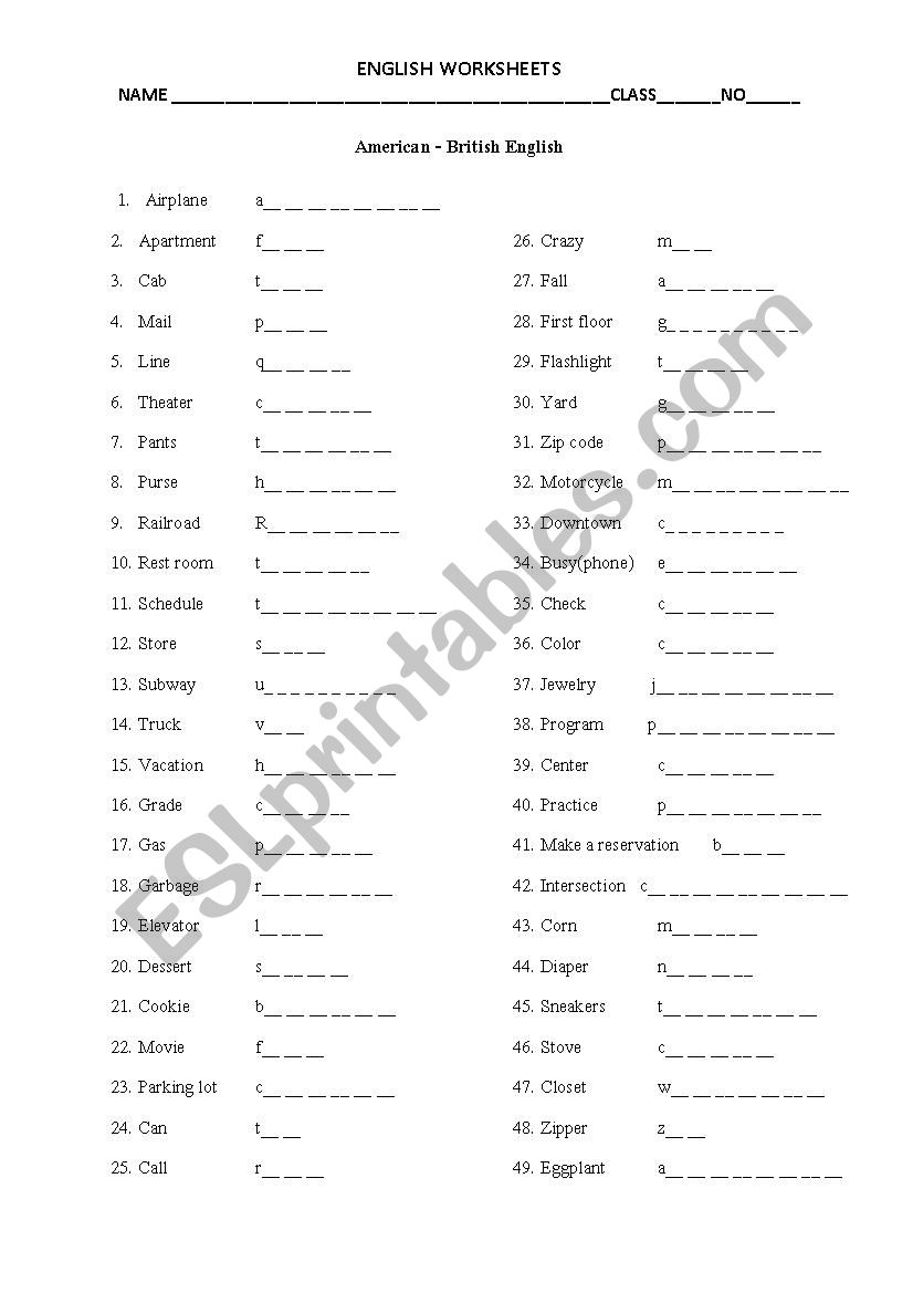 American - British English worksheet