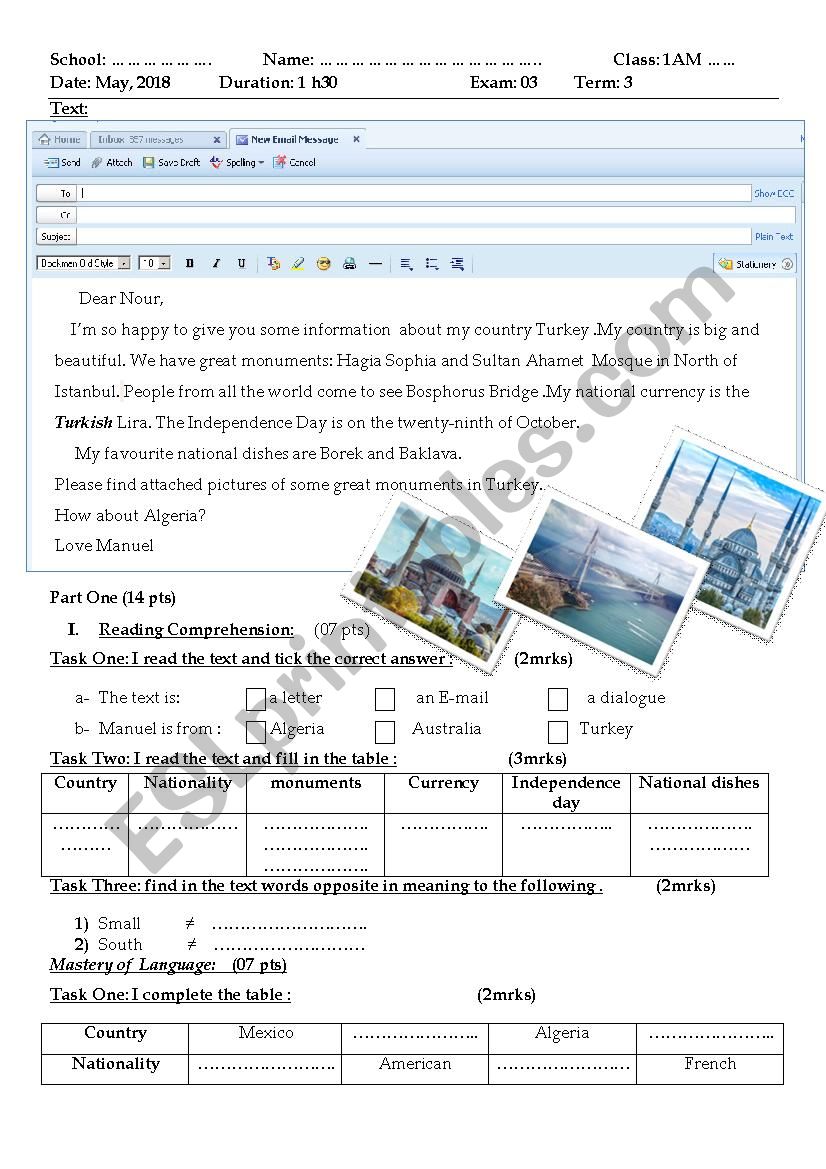 My country (an English Test) worksheet