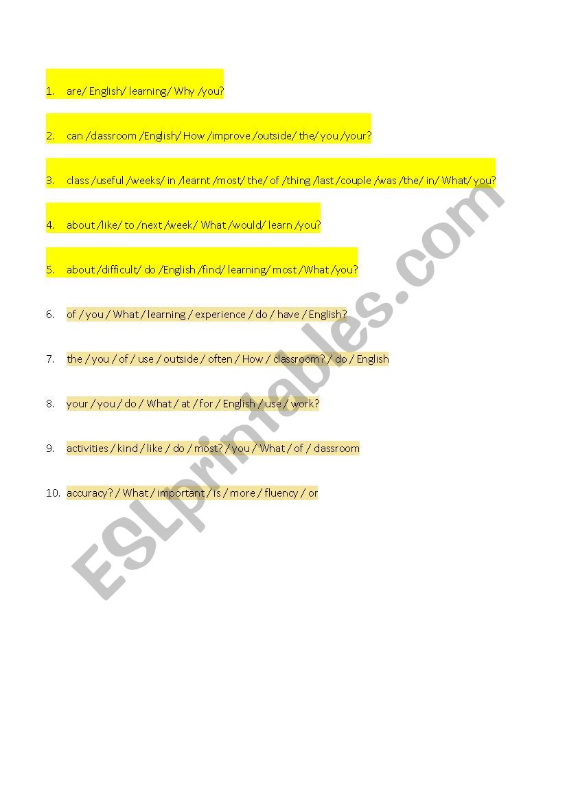 Needs analysis, jumbled questions