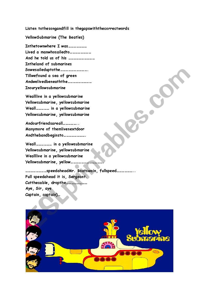 Yellow Submarine worksheet