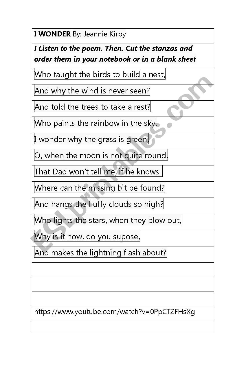 I wonder (poem)  worksheet