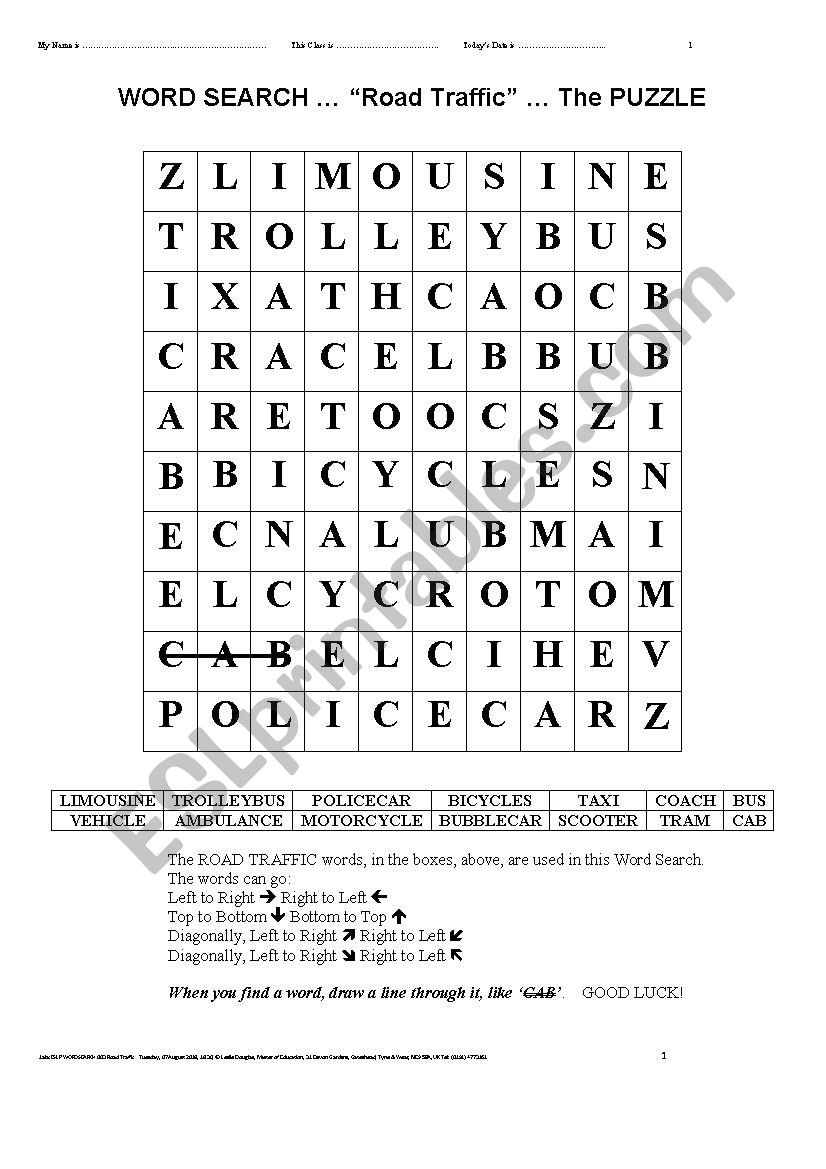 WORDSEARCH 003 Road Traffic worksheet