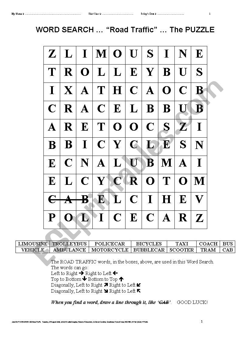 WORDSEARCH 003 Road Traffic worksheet