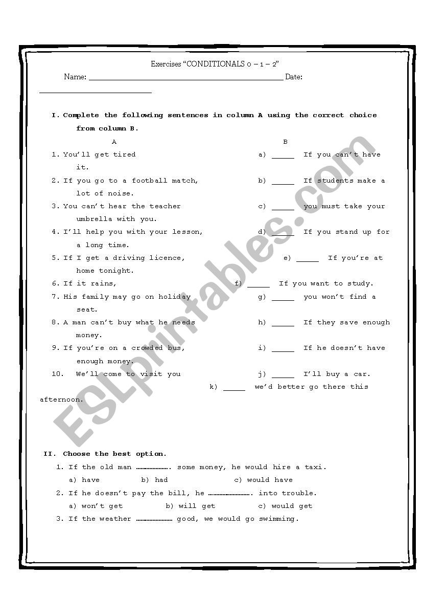 CONDITONALS 0, 1 AND 2 worksheet