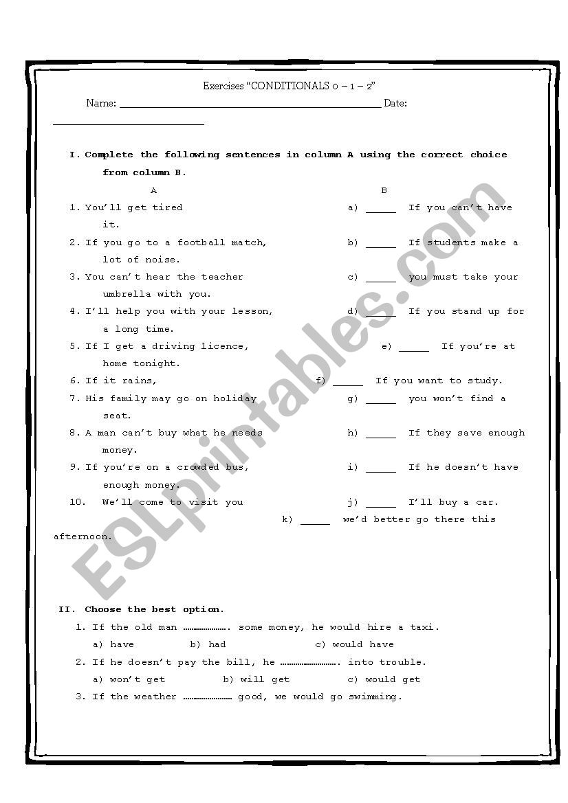 CONDITONALS 0, 1 AND 2 worksheet